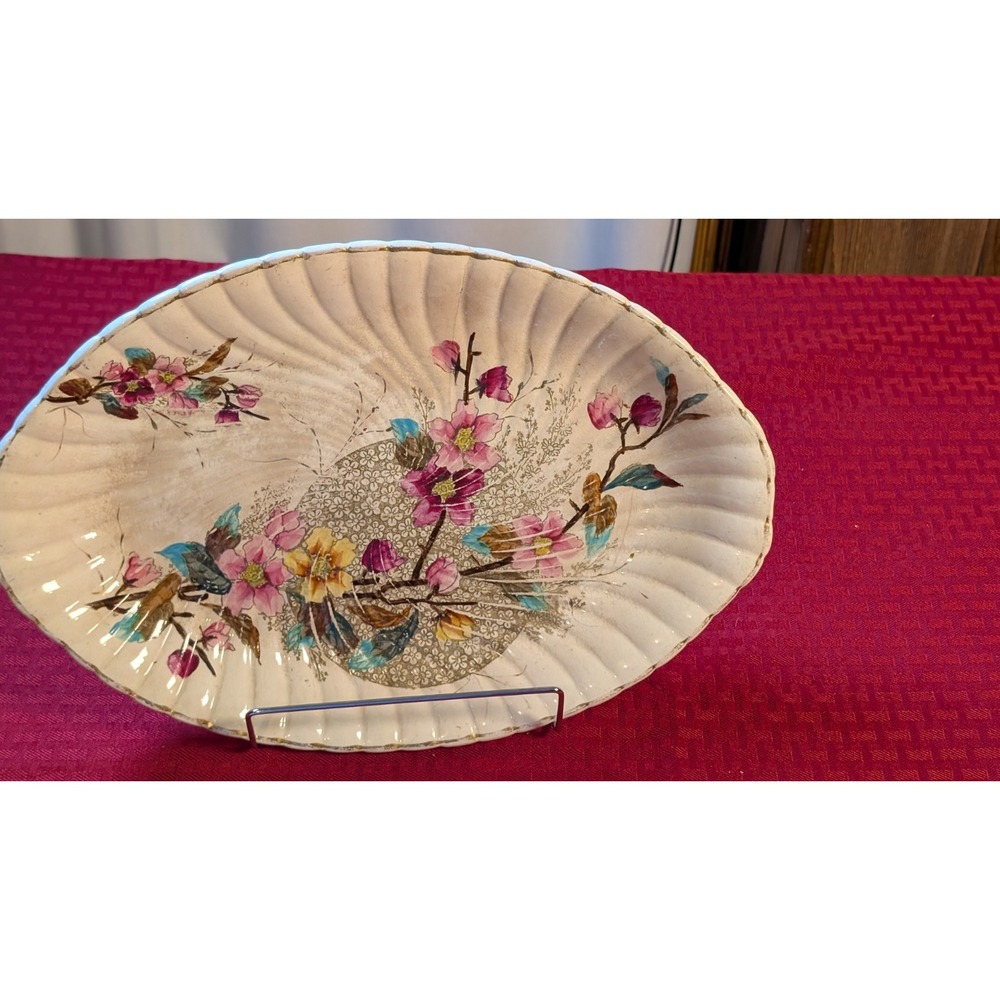 Vintage Asian Floral Ceramic Serving Platter Scalloped Shell Dish 14" x 9 1/2"